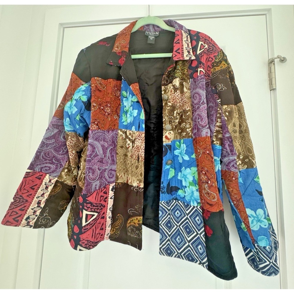 Vintage Vision by Kristin Quilted Patchwork Jacket XL Boho Artsy Rayon India - Picture 2 of 12